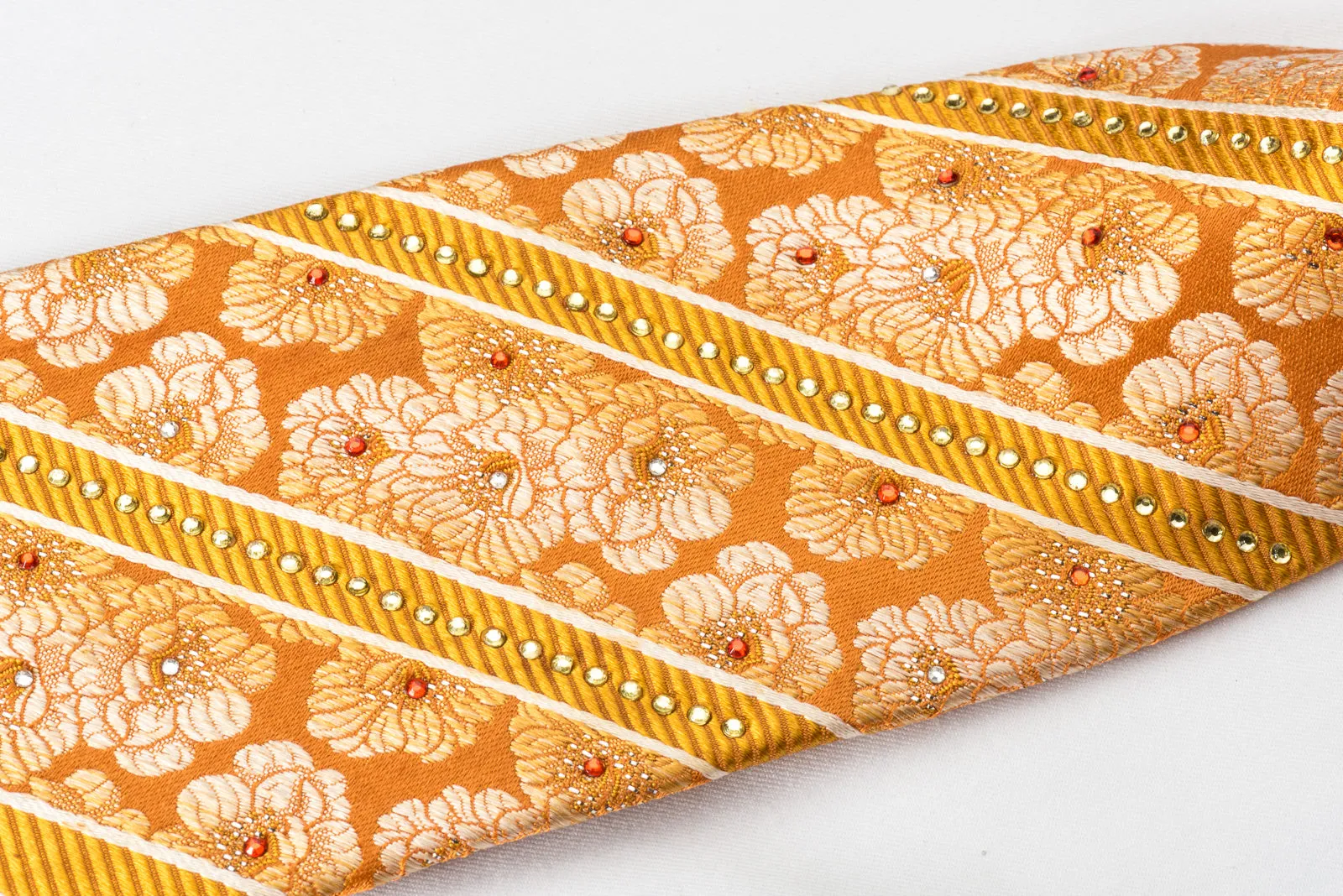 Pierre Cardin Rhinestone Silk Necktie Floral & Stripes On Orange With Sparkles