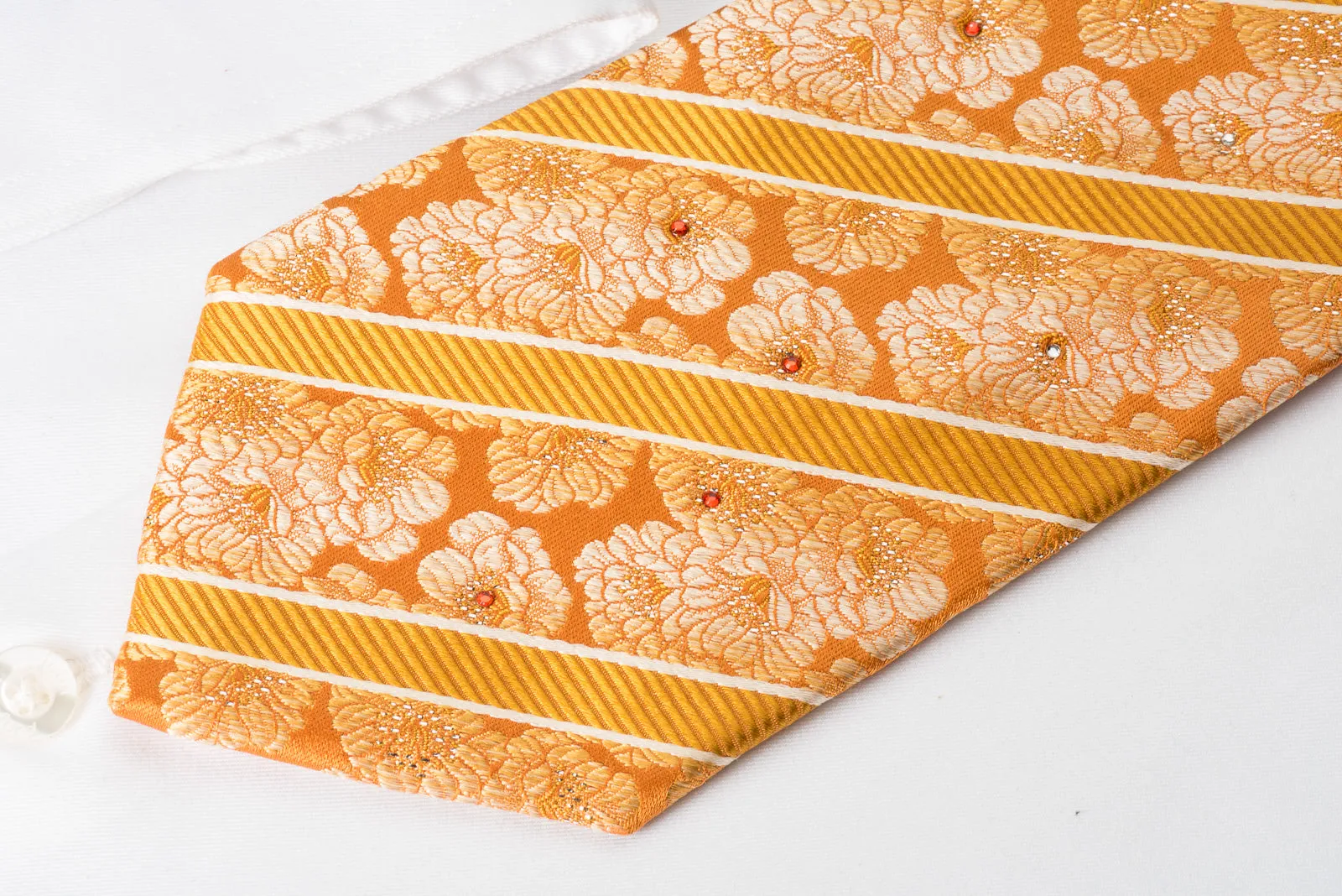 Pierre Cardin Rhinestone Silk Necktie Floral & Stripes On Orange With Sparkles