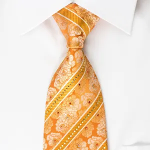 Pierre Cardin Rhinestone Silk Necktie Floral & Stripes On Orange With Sparkles