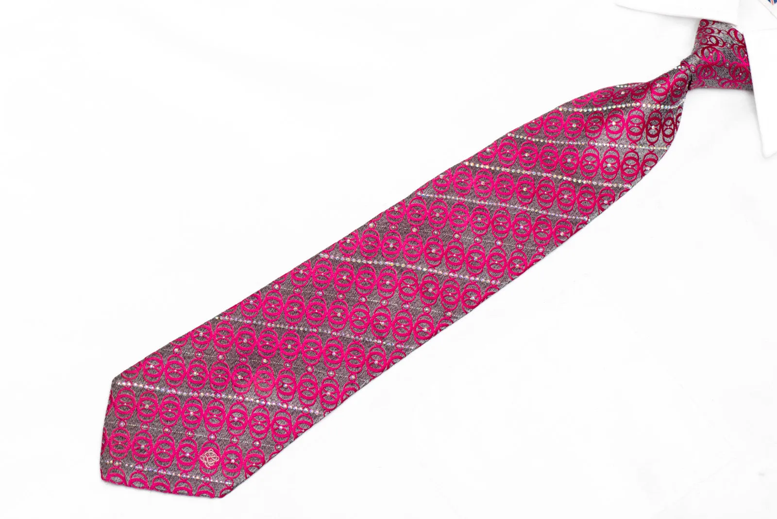 Pink Geometric On Silver Crystal Rhinestone Silk Tie With Sparkles