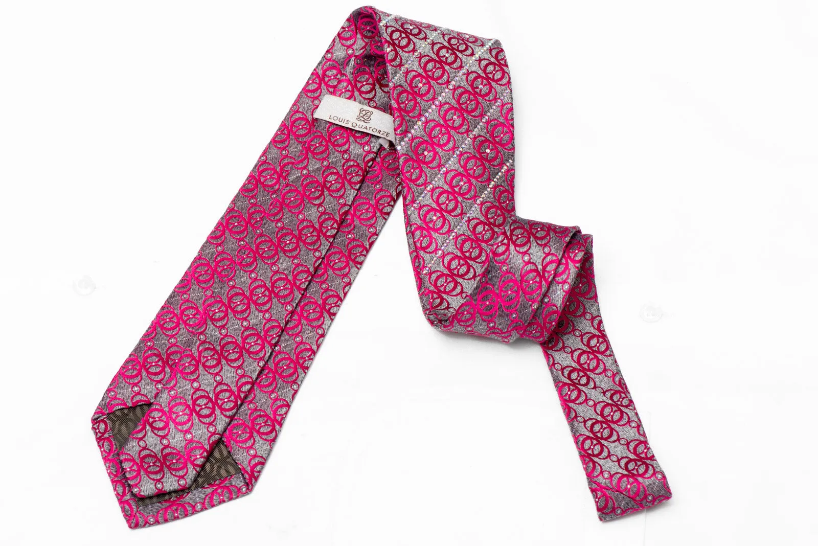 Pink Geometric On Silver Crystal Rhinestone Silk Tie With Sparkles