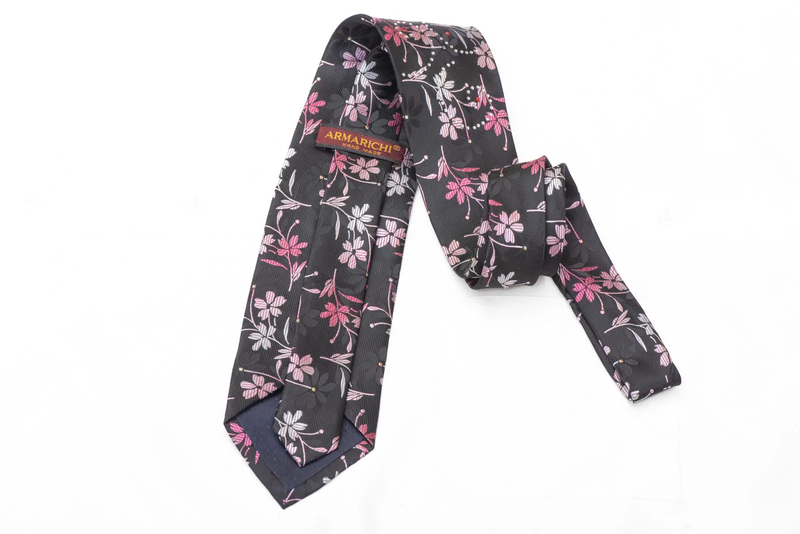 Pink Silver Floral On Black Rhinestone Necktie With Sparkles