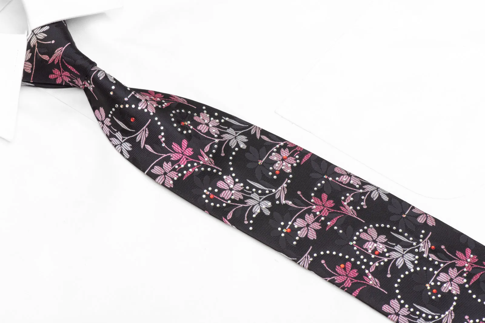 Pink Silver Floral On Black Rhinestone Necktie With Sparkles