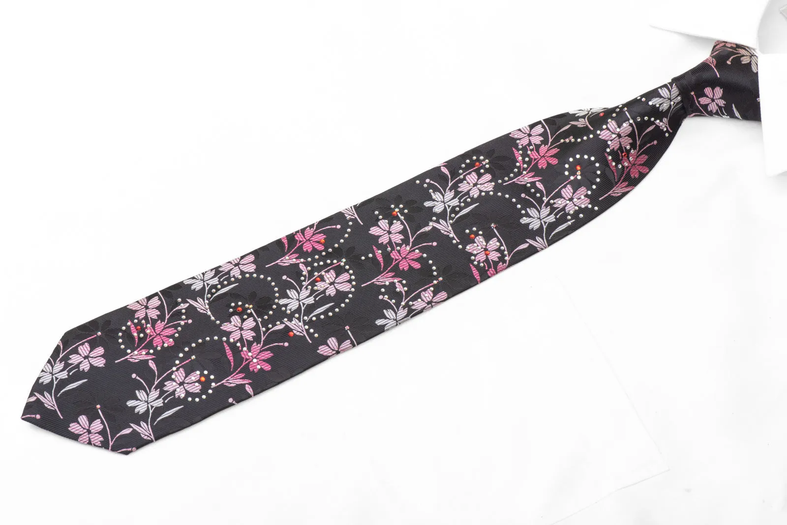Pink Silver Floral On Black Rhinestone Necktie With Sparkles