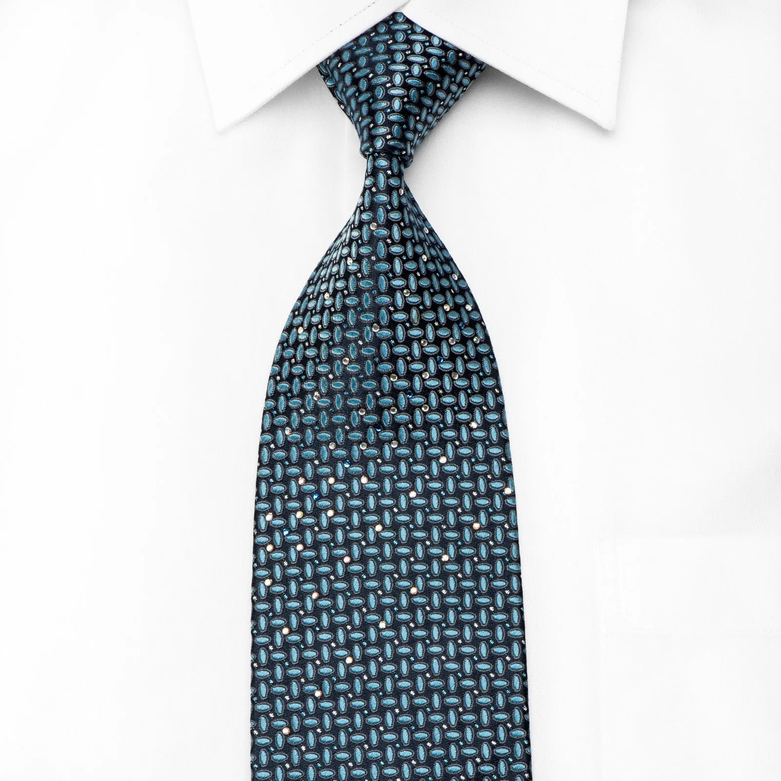 Renoma Men's Crystal Rhinestone Silk Necktie Geometric On Blue With Sparkles