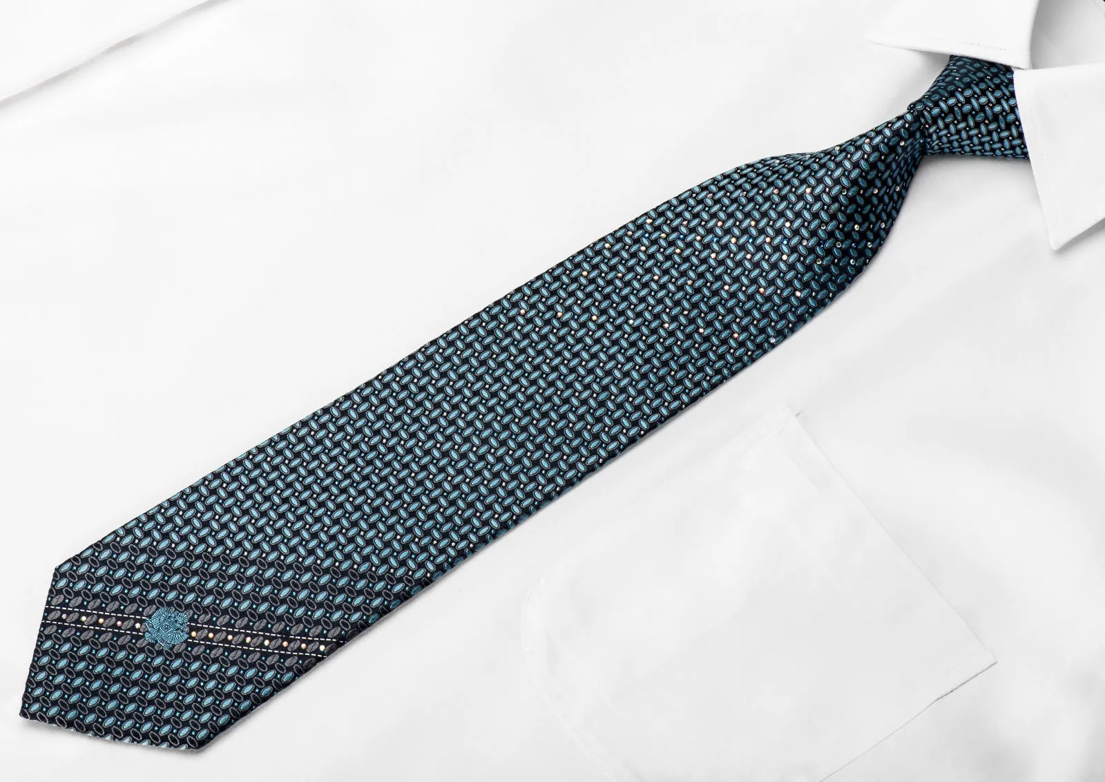Renoma Men's Crystal Rhinestone Silk Necktie Geometric On Blue With Sparkles