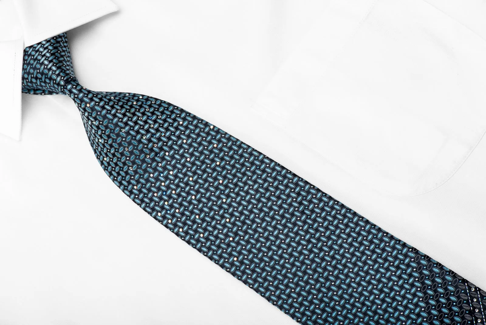 Renoma Men's Crystal Rhinestone Silk Necktie Geometric On Blue With Sparkles