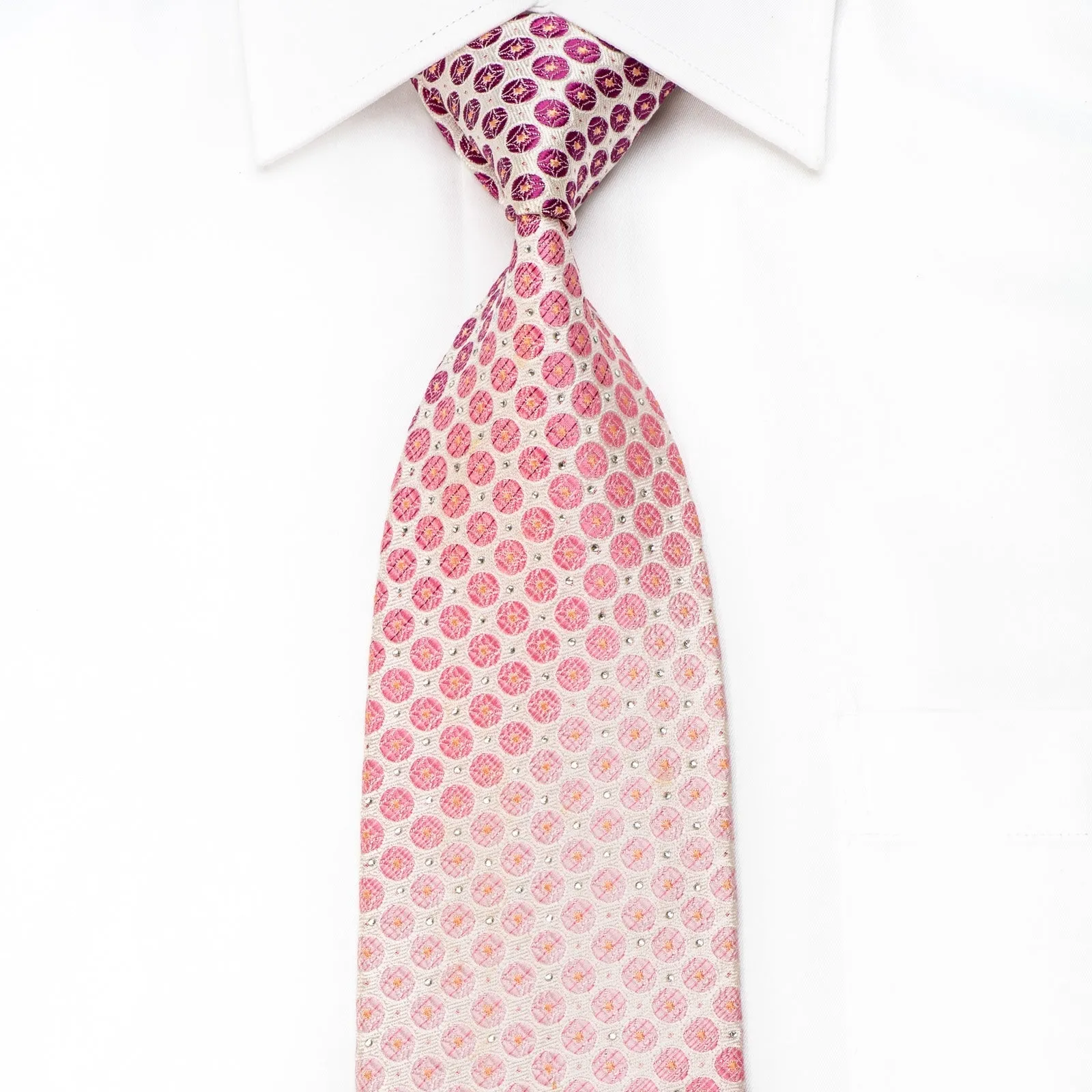 Renoma Men's Crystal Silk Necktie Pink Dots On White With Pink Sparkles