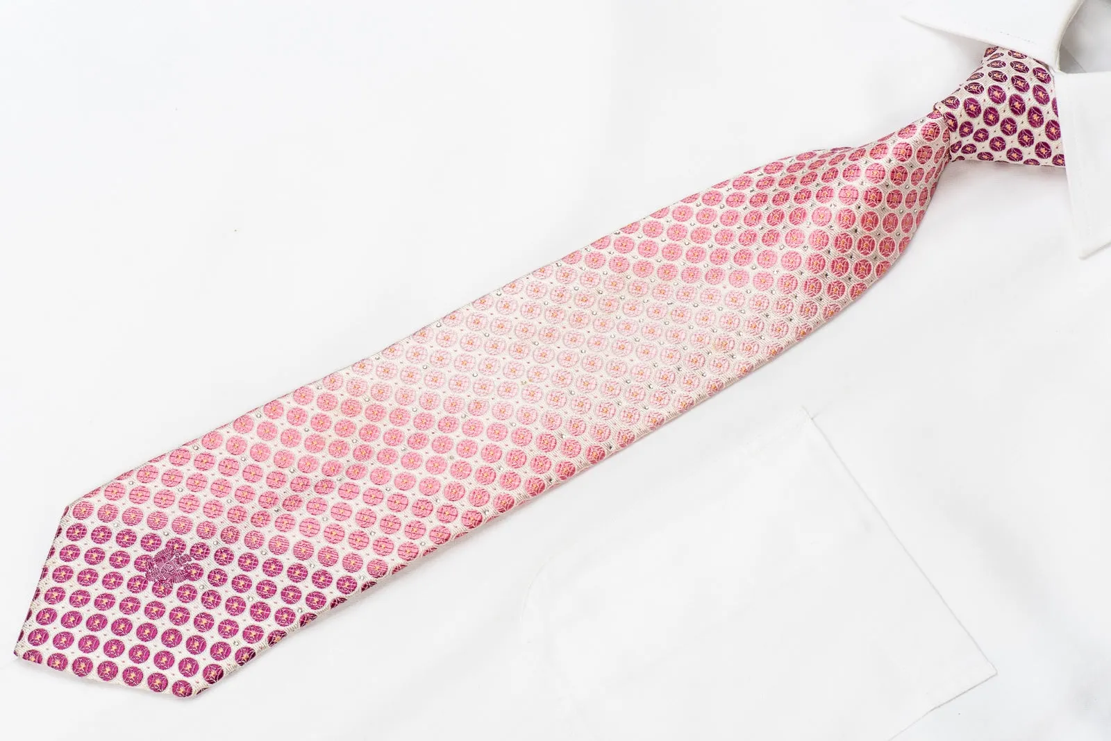 Renoma Men's Crystal Silk Necktie Pink Dots On White With Pink Sparkles