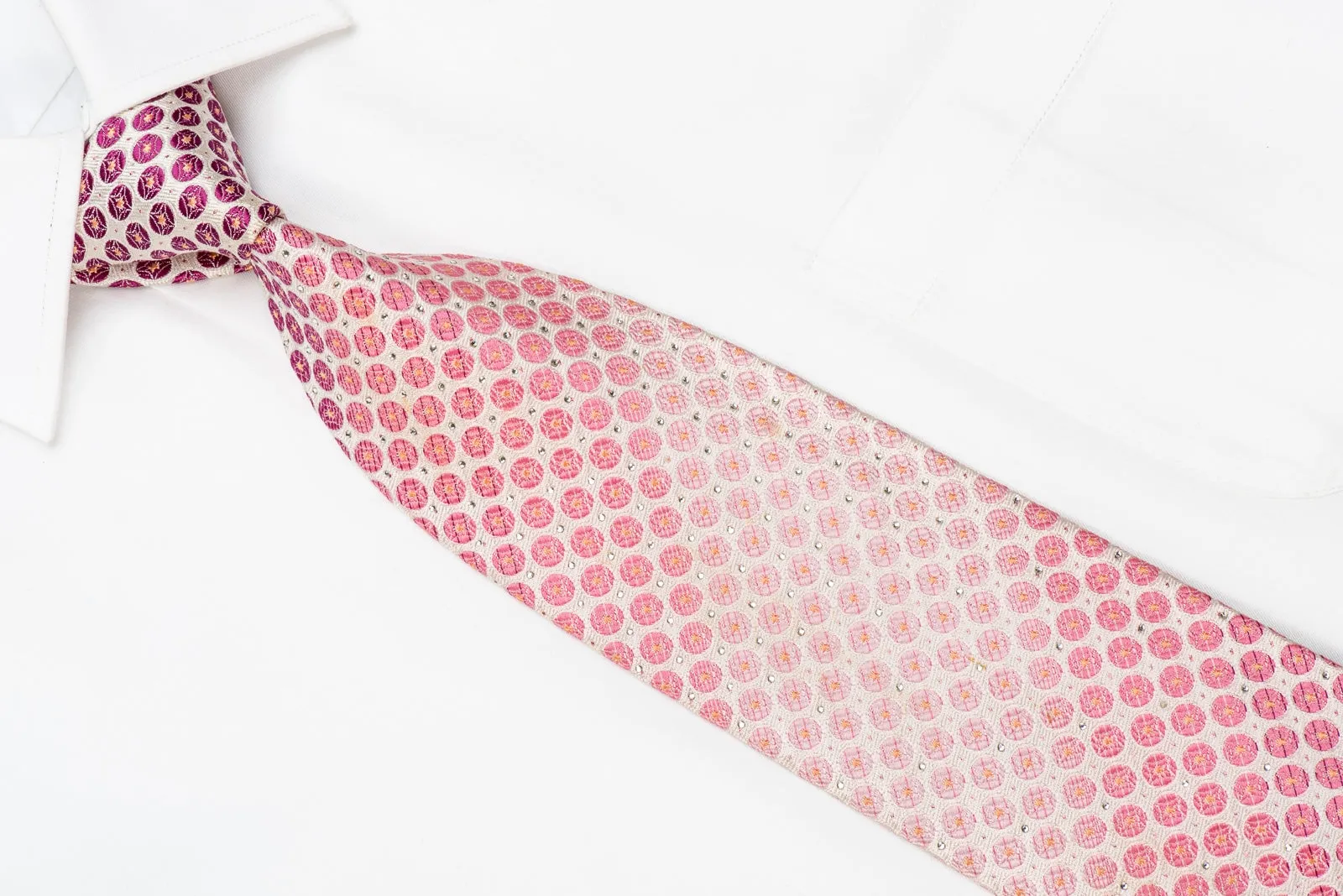 Renoma Men's Crystal Silk Necktie Pink Dots On White With Pink Sparkles