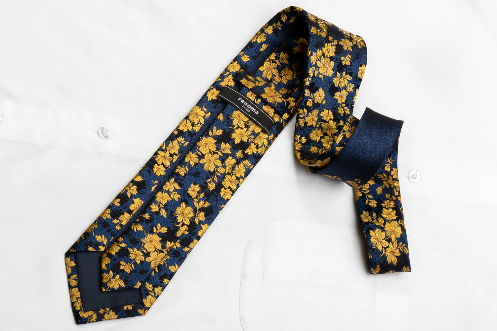 Renoma Men's Rhinestone Necktie Golden Floral On Black