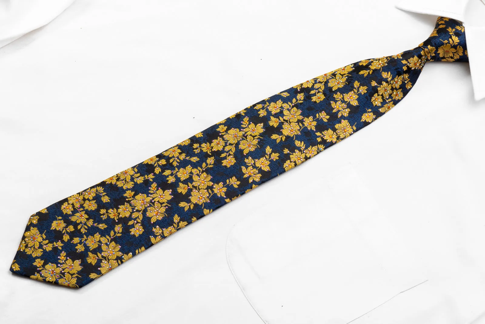 Renoma Men's Rhinestone Necktie Golden Floral On Black