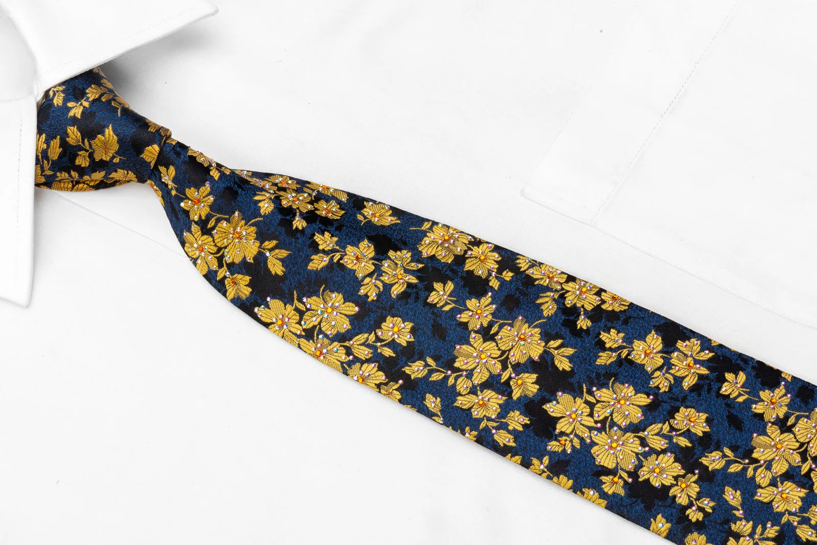 Renoma Men's Rhinestone Necktie Golden Floral On Black
