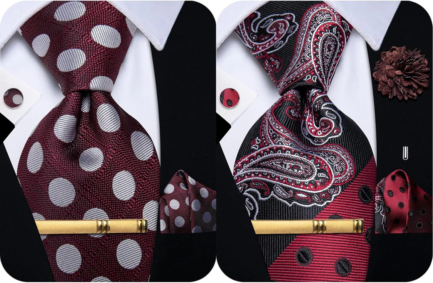 Silk Ties for Men Paisley Floral Striped Necktie and Pocket Square Cufflinks Tie Clip Set
