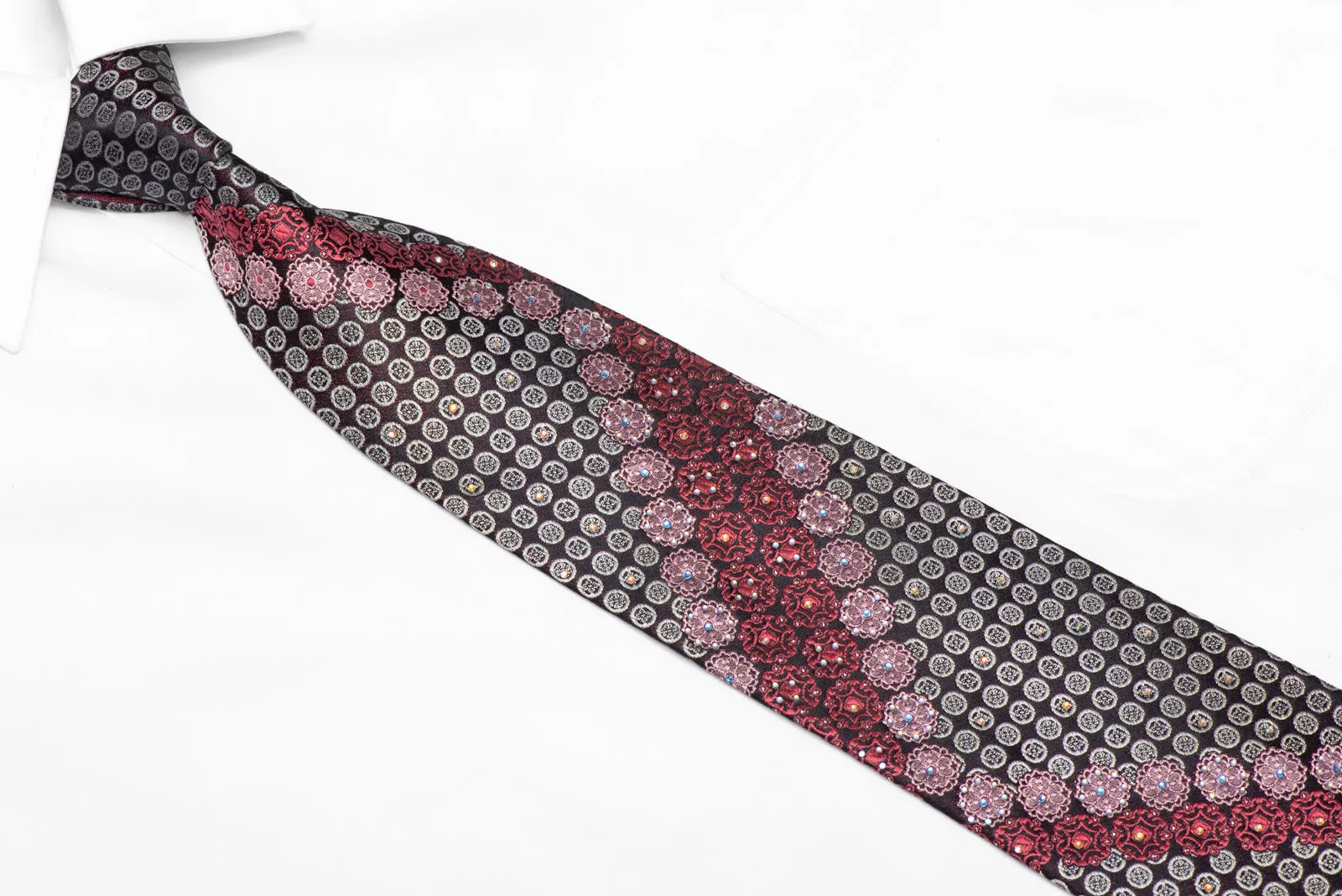 Silver Burgundy Cartouche Medallions On Navy Rhinestone Tie With Sparkles