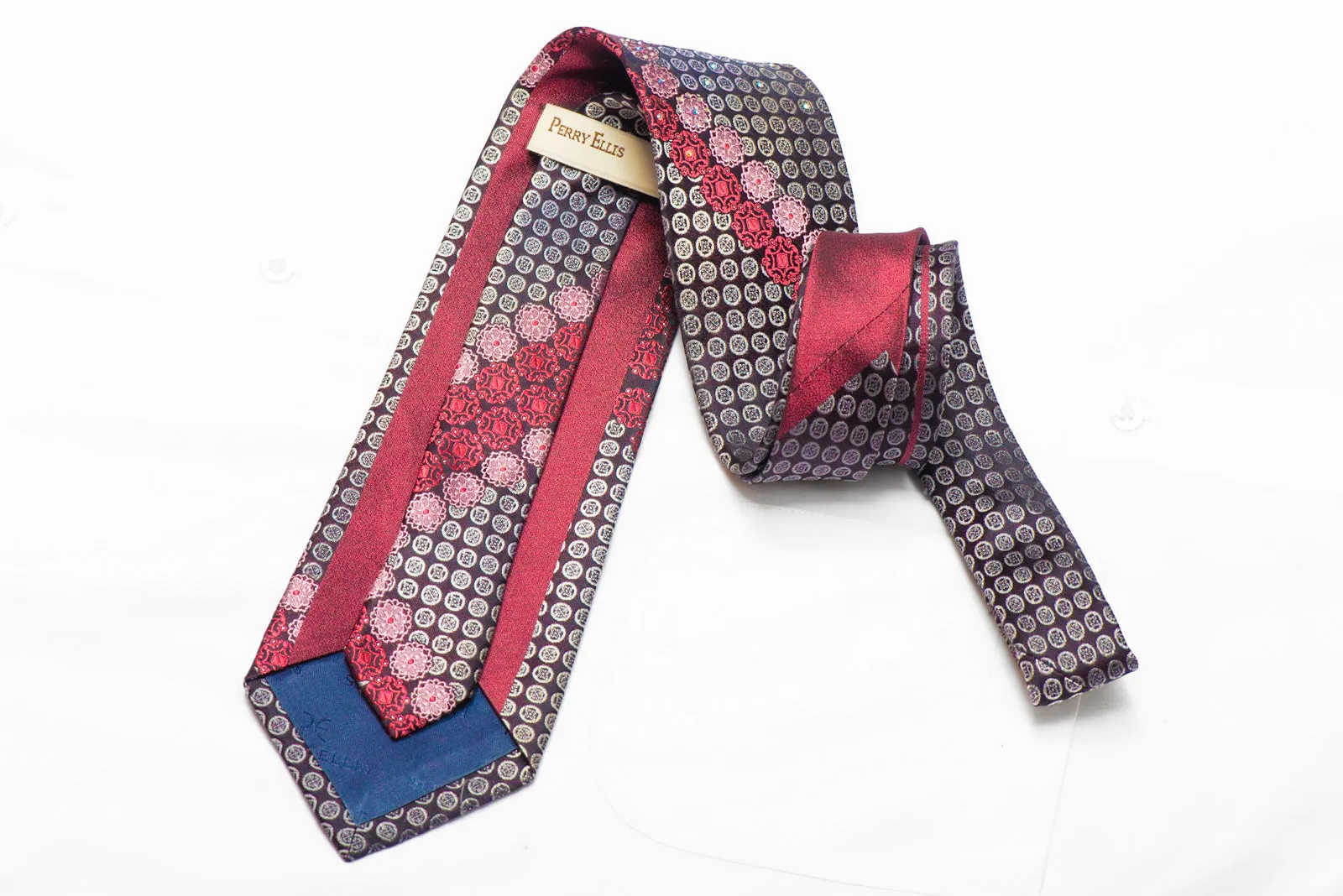 Silver Burgundy Cartouche Medallions On Navy Rhinestone Tie With Sparkles