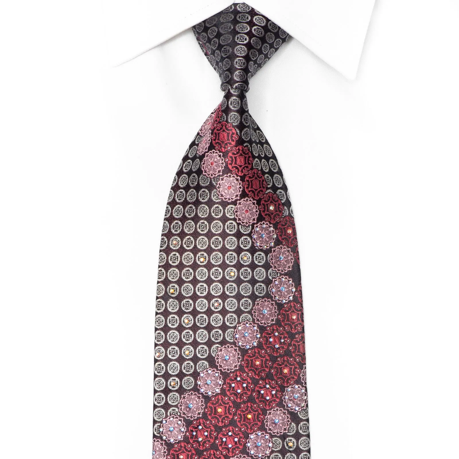 Silver Burgundy Cartouche Medallions On Navy Rhinestone Tie With Sparkles