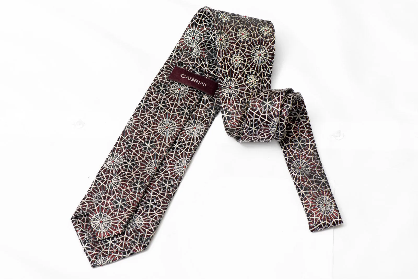 Silver Geometric Trellis On Black Rhinestone Silk Tie With Red Sparkles