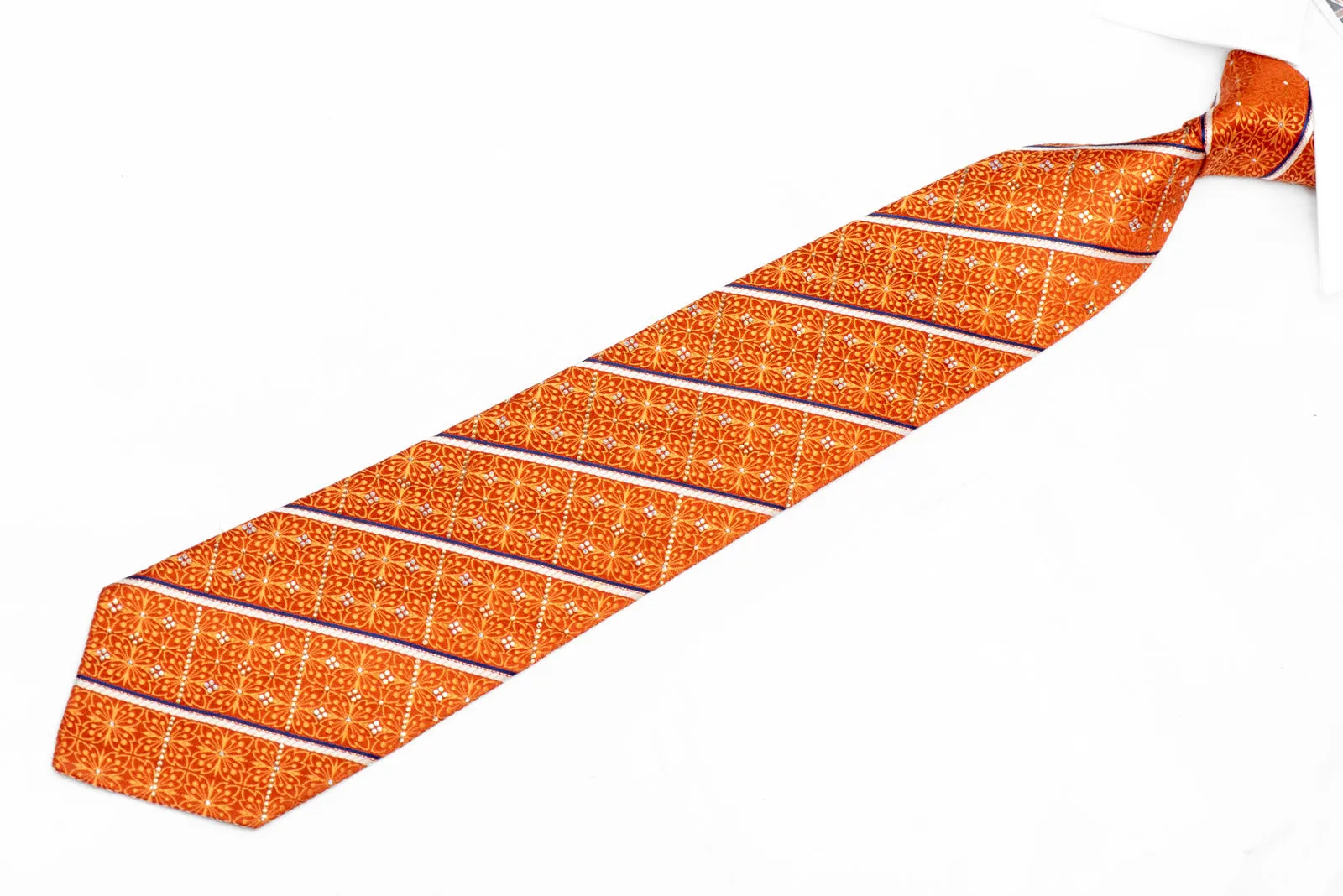 Silver Striped On Orange Cartouche Rhinestone Silk Tie With Sparkles