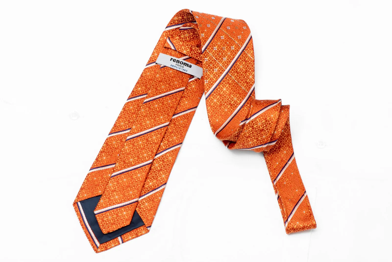 Silver Striped On Orange Cartouche Rhinestone Silk Tie With Sparkles