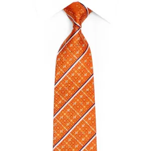 Silver Striped On Orange Cartouche Rhinestone Silk Tie With Sparkles