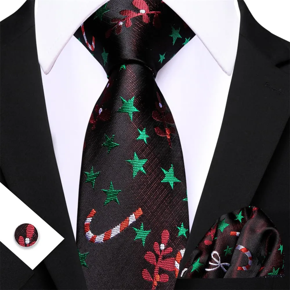 Ties2you Black Green Christmas Star Red Floral Men's Tie Pocket Square Cufflinks Set