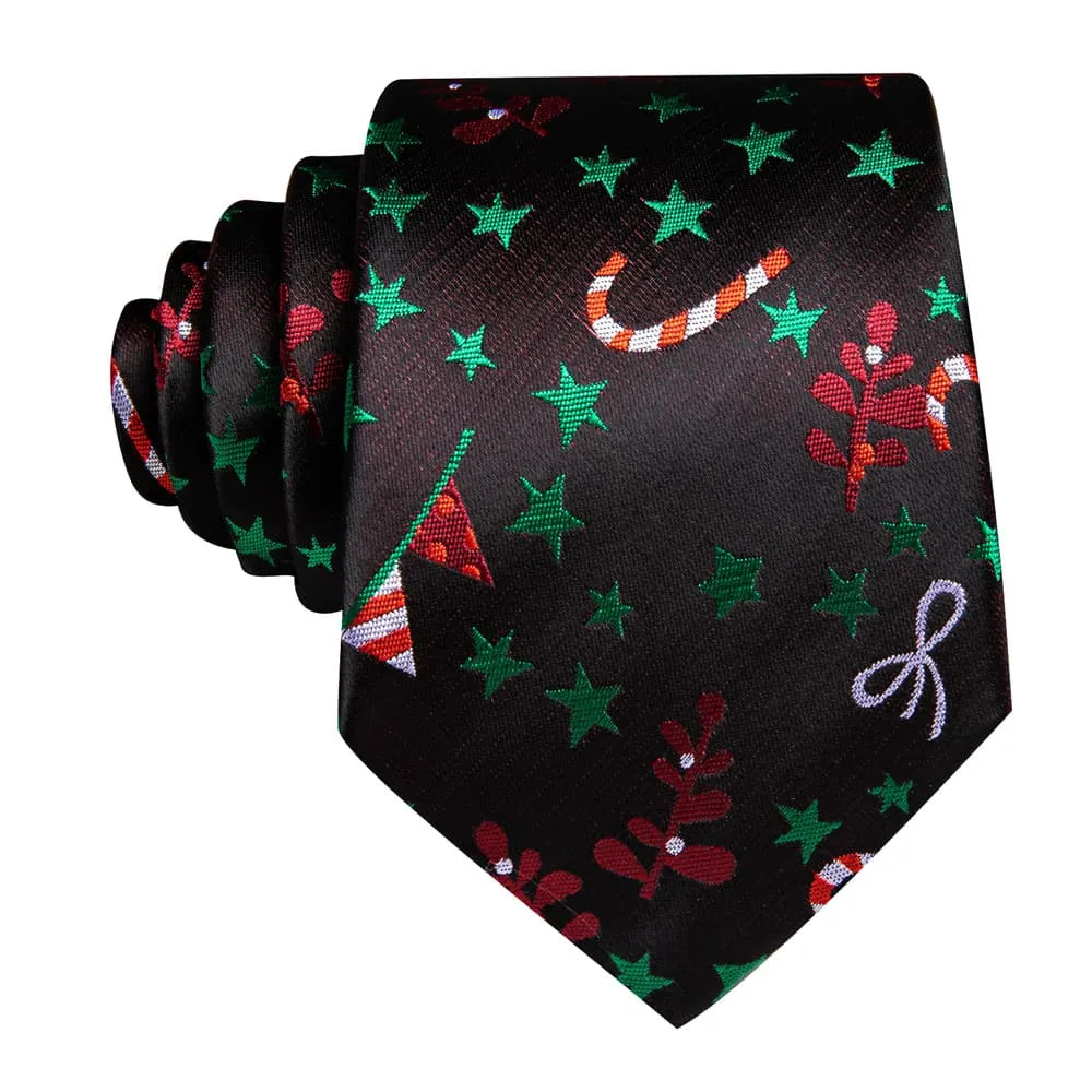 Ties2you Black Green Christmas Star Red Floral Men's Tie Pocket Square Cufflinks Set