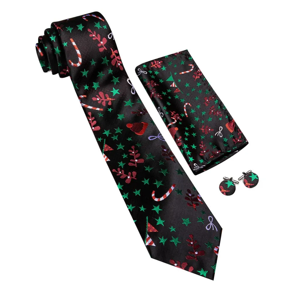 Ties2you Black Green Christmas Star Red Floral Men's Tie Pocket Square Cufflinks Set