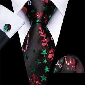 Ties2you Black Green Christmas Star Red Floral Men's Tie Pocket Square Cufflinks Set