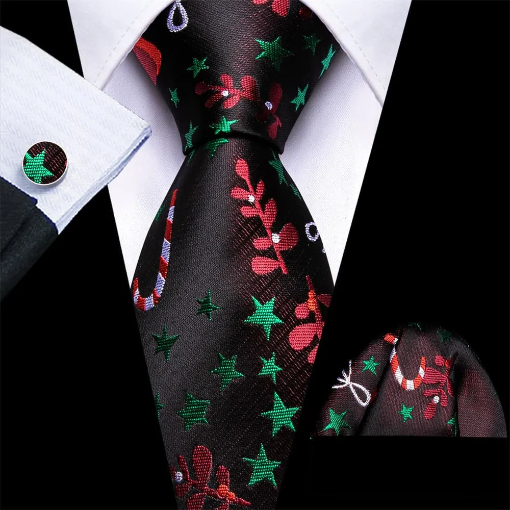 Ties2you Black Green Christmas Star Red Floral Men's Tie Pocket Square Cufflinks Set