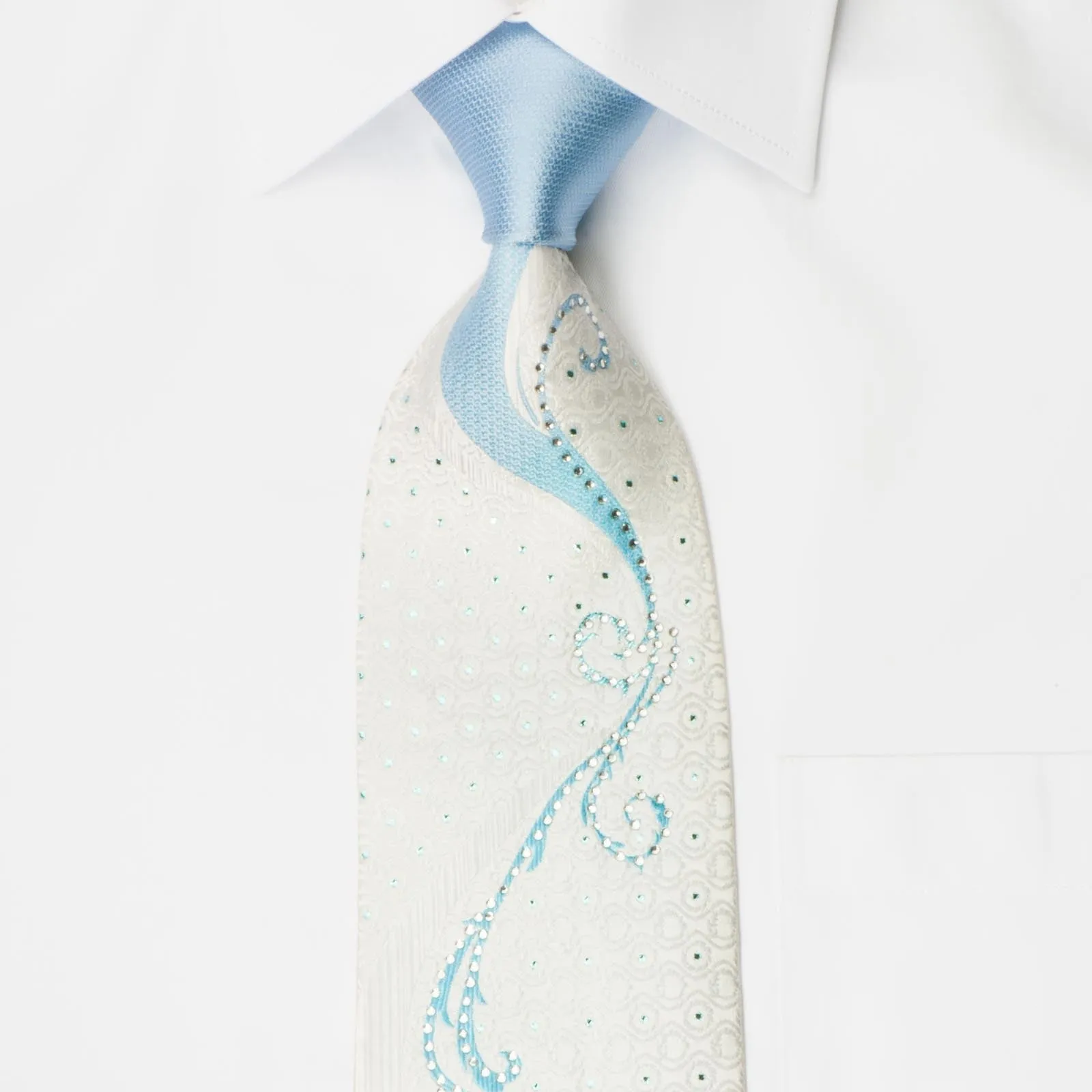 Valentino Rich Men's Silk Rhinestone Tie Blue Scrolls On White With Blue Sparkles