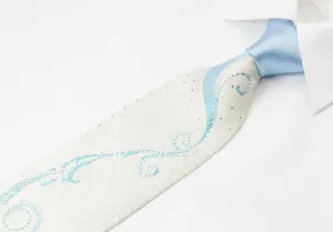 Valentino Rich Men's Silk Rhinestone Tie Blue Scrolls On White With Blue Sparkles