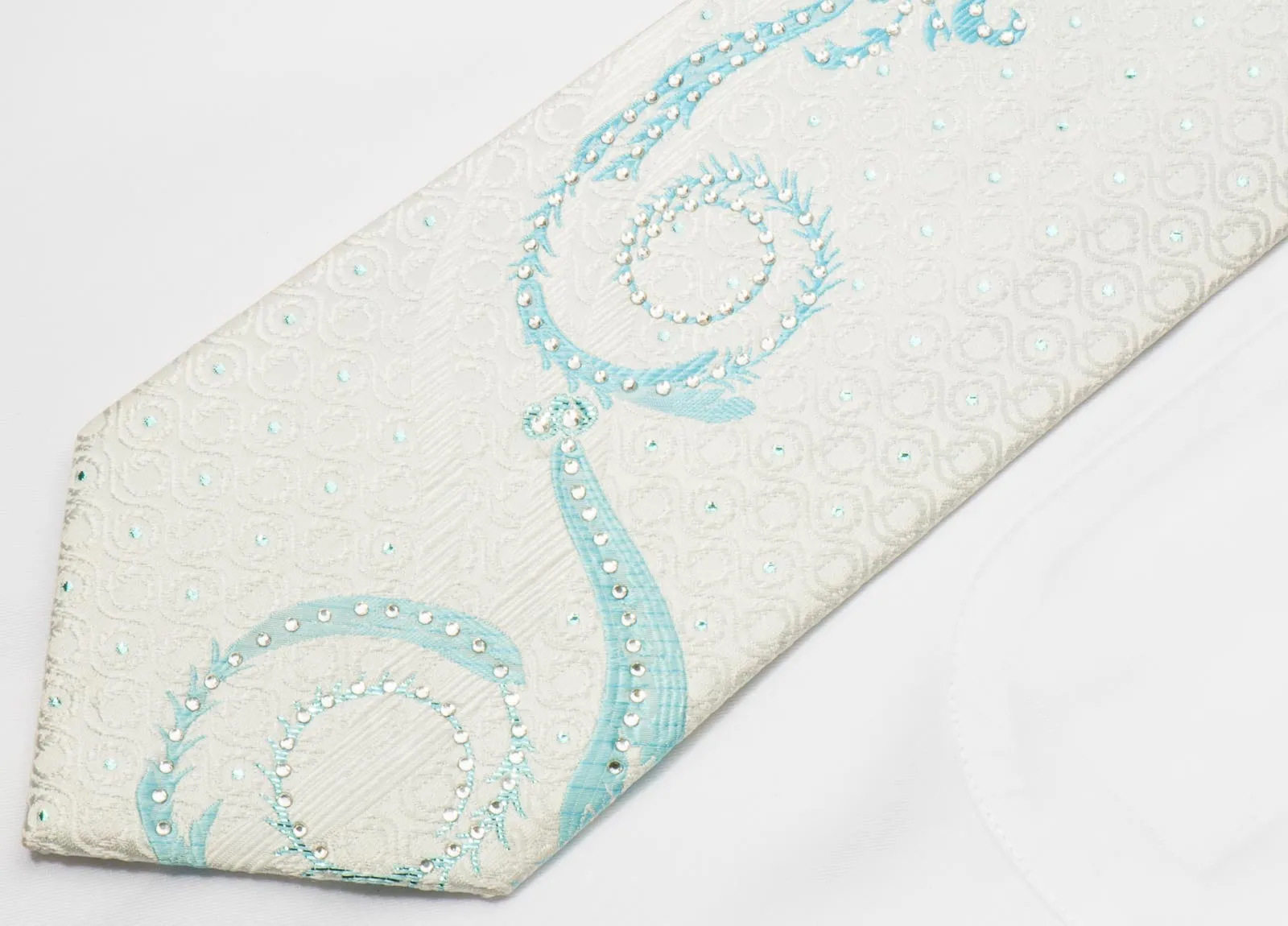 Valentino Rich Men's Silk Rhinestone Tie Blue Scrolls On White With Blue Sparkles