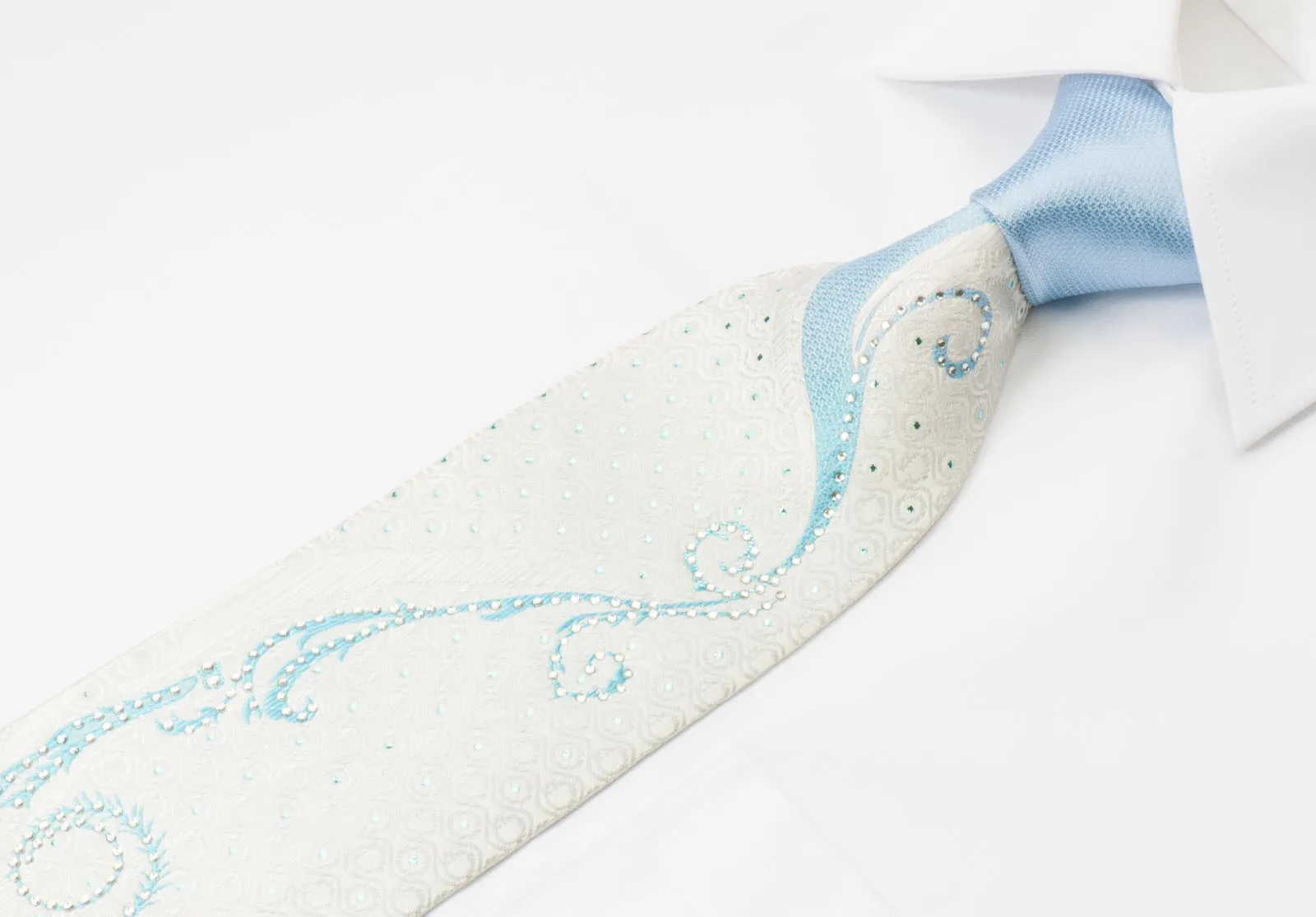 Valentino Rich Men's Silk Rhinestone Tie Blue Scrolls On White With Blue Sparkles