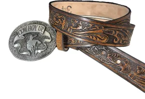 Western Oak Floral Engraved Genuine Leather Mens Leather Belt with Cowboy Up Buckle