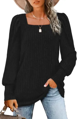 WIHOLL Long Sleeve Shirts for Women Trendy Casual Square Neck Tops Lightweight Sweaters