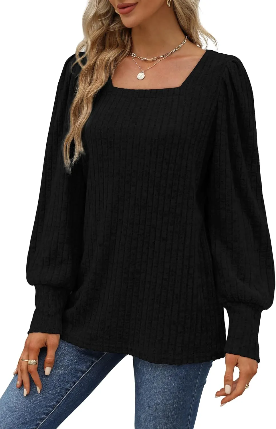 WIHOLL Long Sleeve Shirts for Women Trendy Casual Square Neck Tops Lightweight Sweaters