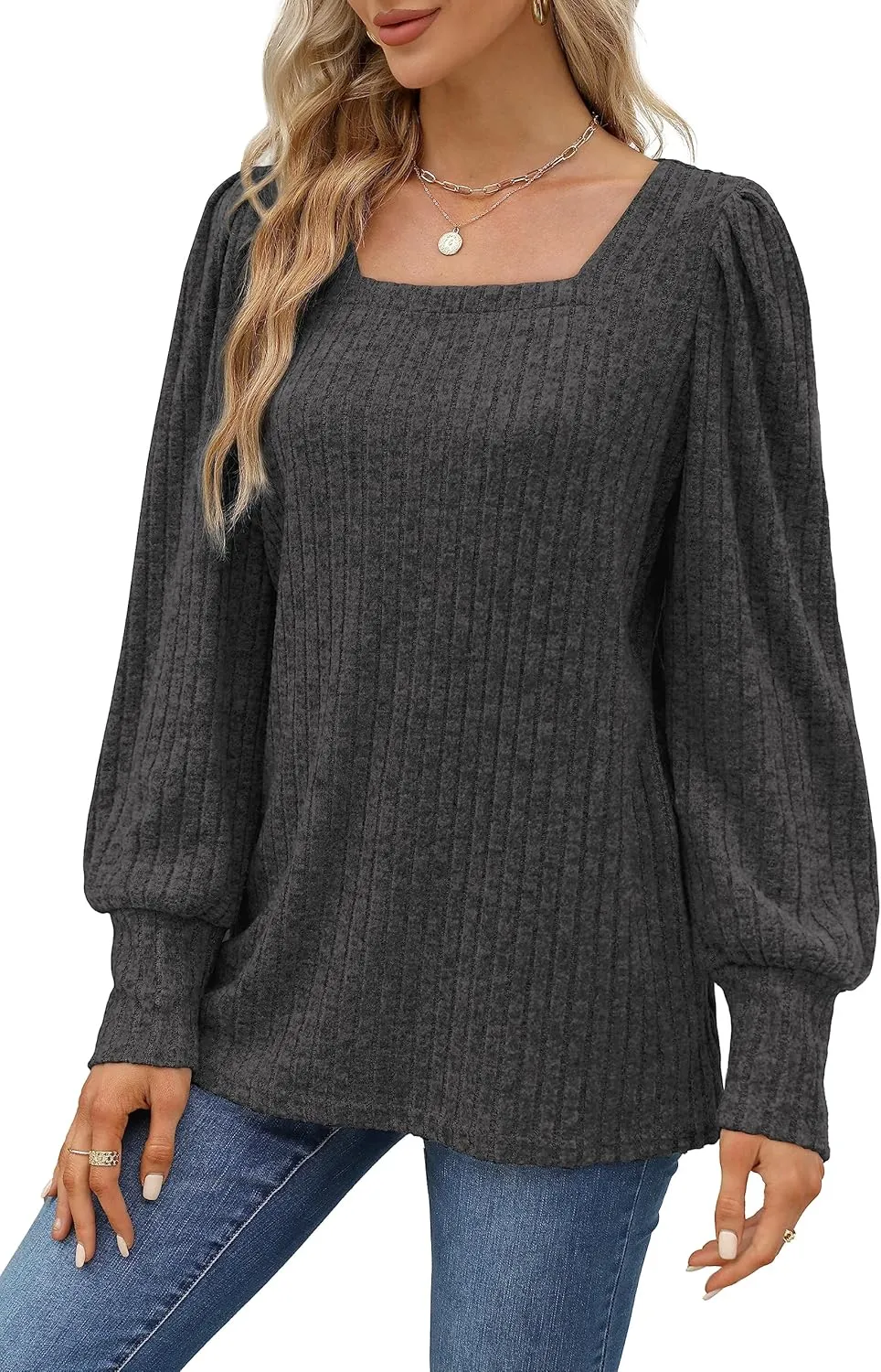 WIHOLL Long Sleeve Shirts for Women Trendy Casual Square Neck Tops Lightweight Sweaters