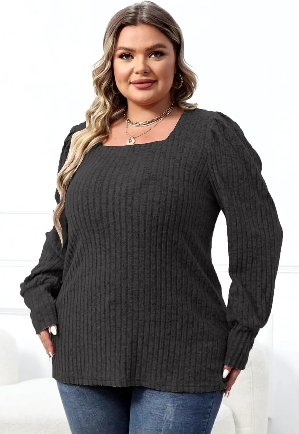 WIHOLL Long Sleeve Shirts for Women Trendy Casual Square Neck Tops Lightweight Sweaters