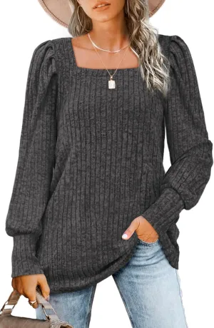 WIHOLL Long Sleeve Shirts for Women Trendy Casual Square Neck Tops Lightweight Sweaters