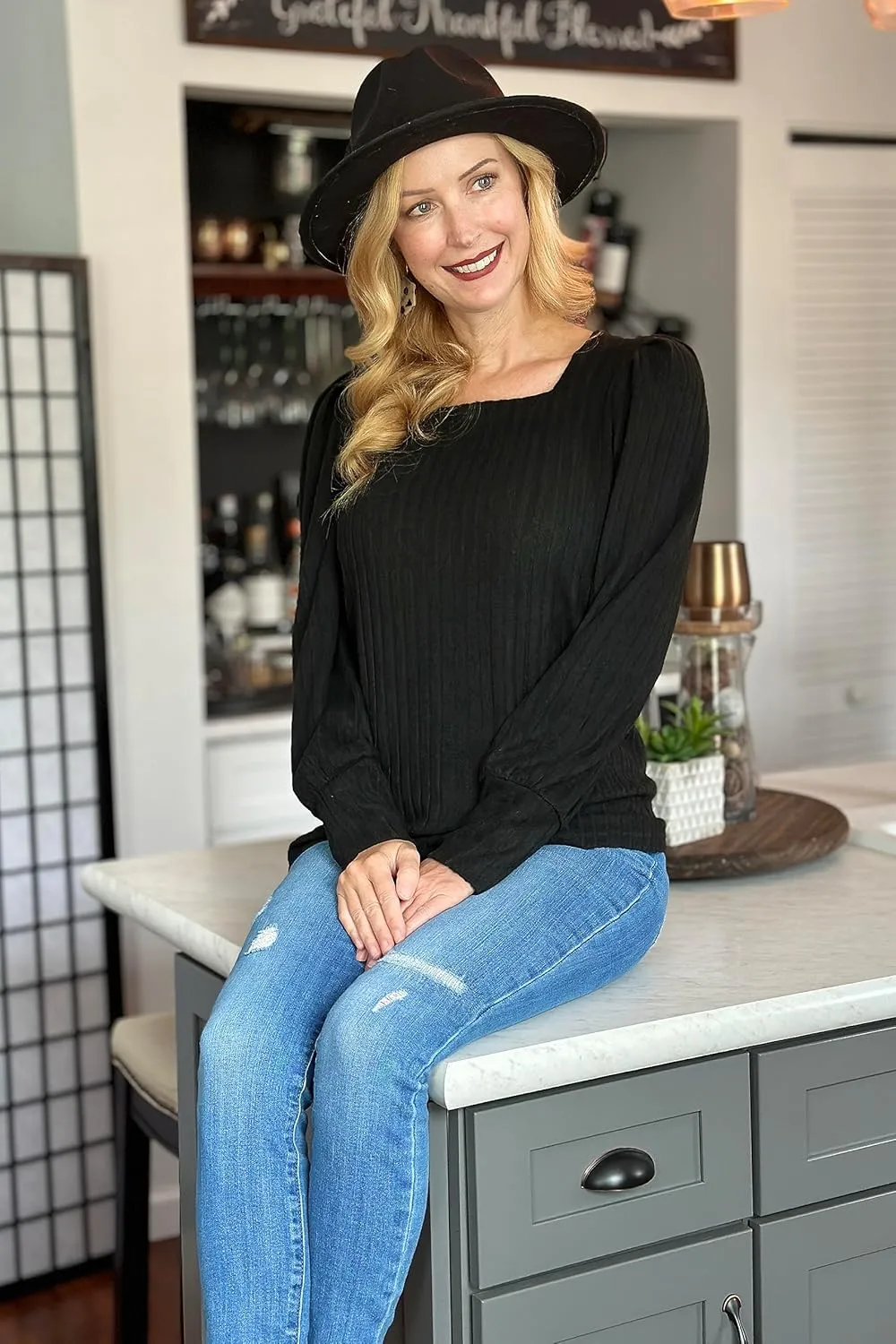 WIHOLL Long Sleeve Shirts for Women Trendy Casual Square Neck Tops Lightweight Sweaters