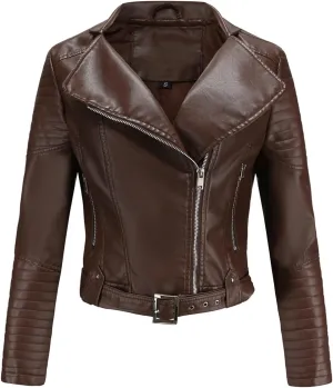 Women's Faux Leather Moto Biker Short Coat Jacket Zip Up Motorcycle Short PU Moto Biker Outwear Fitted Slim Coat