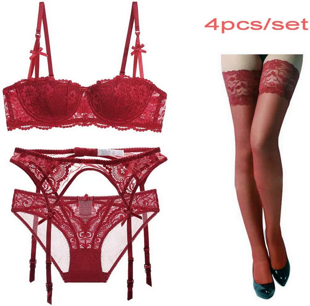 Women's Fine Fabric Sexy Lingerie Push up Lace Bra & Panty Set (Suspender Garter Belt and Stockings Optional)