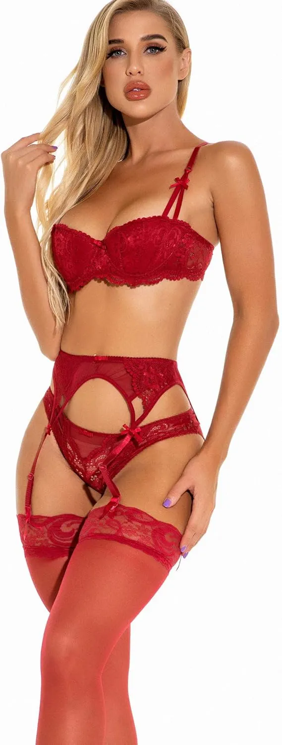 Women's Fine Fabric Sexy Lingerie Push up Lace Bra & Panty Set (Suspender Garter Belt and Stockings Optional)