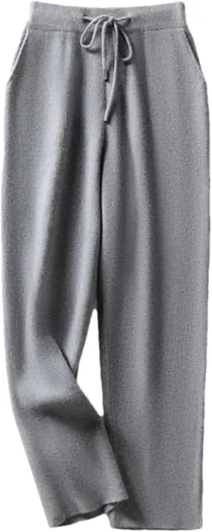 Women's Wool Knit Straight Leg Pants Stretch High Waist Solid Color Drawstring Trousers