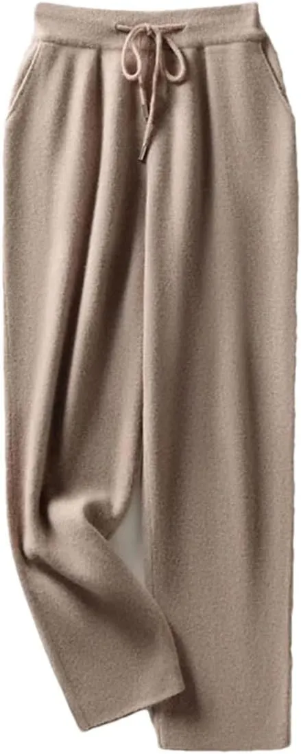 Women's Wool Knit Straight Leg Pants Stretch High Waist Solid Color Drawstring Trousers