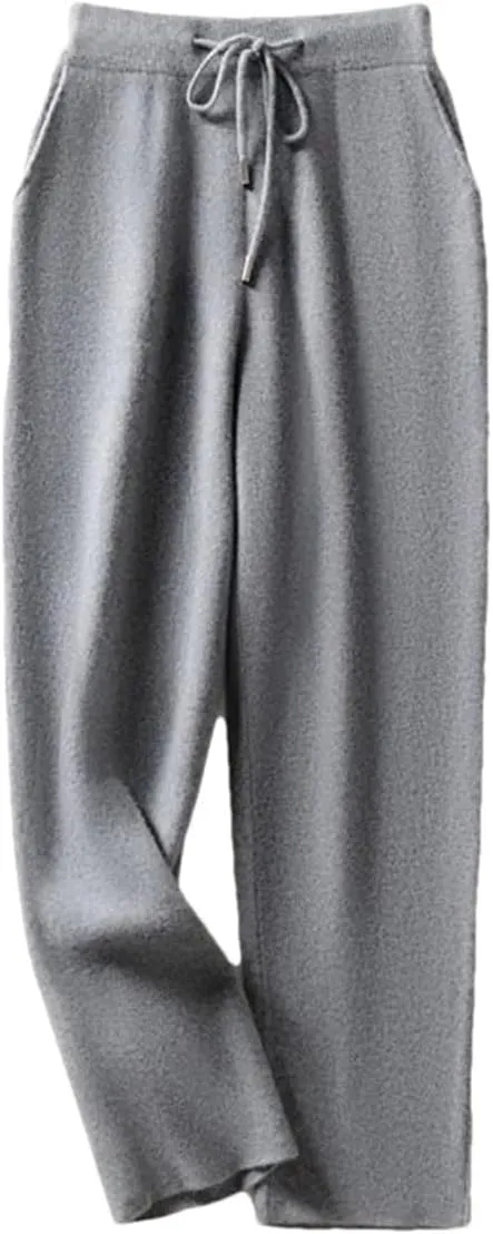Women's Wool Knit Straight Leg Pants Stretch High Waist Solid Color Drawstring Trousers