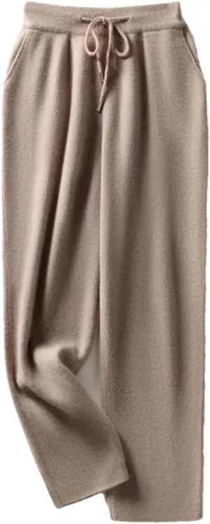Women's Wool Knit Straight Leg Pants Stretch High Waist Solid Color Drawstring Trousers